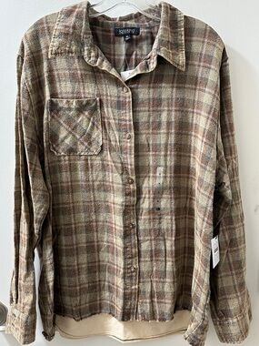 Lala Land Plaid Button-Up Shirt Jacket in Brown & Tan